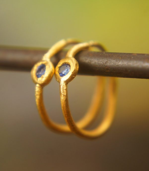 sapphire gold hoops 24k solid gold, hand made artisan gold hoops. gold small hoops gold with texture , organic gold hoops with blue sapphire