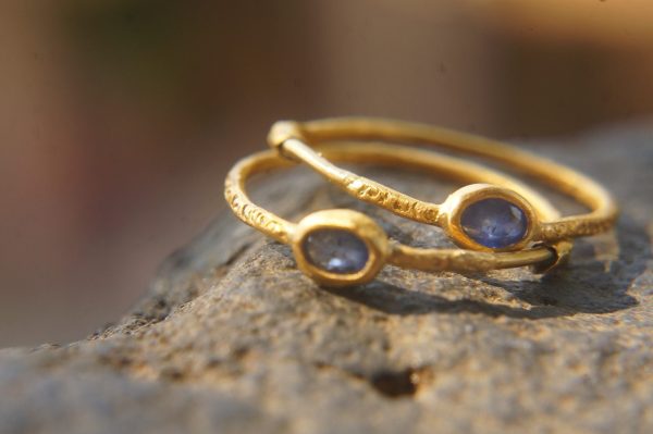 sapphire gold hoops 24k solid gold, hand made artisan gold hoops. gold small hoops gold with texture , organic gold hoops with blue sapphire