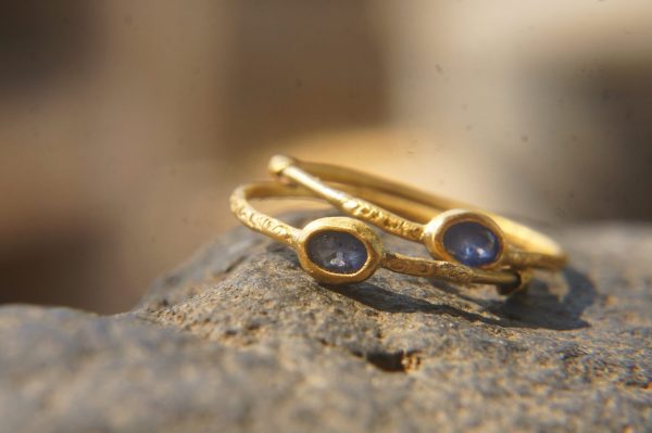 sapphire gold hoops 24k solid gold, hand made artisan gold hoops. gold small hoops gold with texture , organic gold hoops with blue sapphire