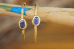 sapphire gold hoops 24k solid gold, hand made artisan gold hoops. gold small hoops gold with texture , organic gold hoops with blue sapphire