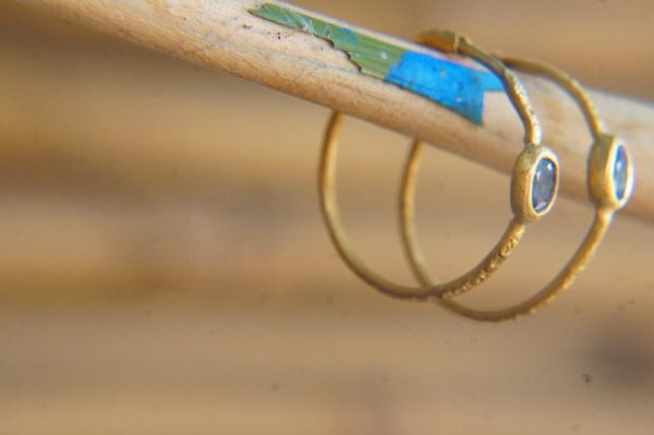 sapphire gold hoops 24k solid gold, hand made artisan gold hoops. gold small hoops gold with texture , organic gold hoops with blue sapphire