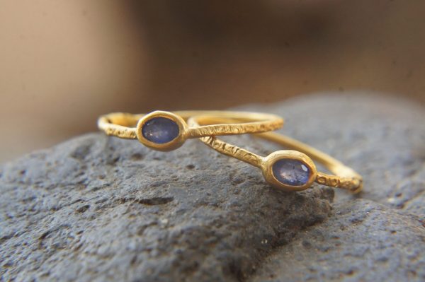 sapphire gold hoops 24k solid gold, hand made artisan gold hoops. gold small hoops gold with texture , organic gold hoops with blue sapphire