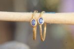 sapphire gold hoops 24k solid gold, hand made artisan gold hoops. gold small hoops gold with texture , organic gold hoops with blue sapphire