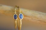 sapphire gold hoops 24k solid gold, hand made artisan gold hoops. gold small hoops gold with texture , organic gold hoops with blue sapphire