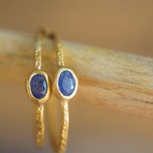 sapphire gold hoops 24k solid gold, hand made artisan gold hoops. gold small hoops gold with texture , organic gold hoops with blue sapphire