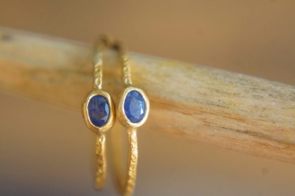 sapphire gold hoops 24k solid gold, hand made artisan gold hoops. gold small hoops gold with texture , organic gold hoops with blue sapphire
