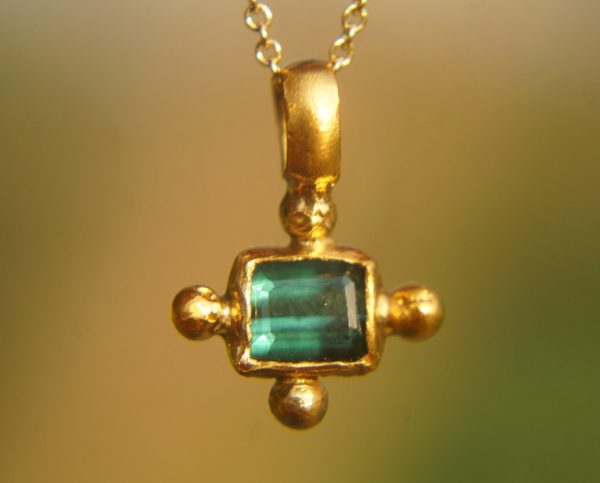 24k gold blue tourmaline pendant//square blue tourmaline pendant//tourmaline gold necklace//artisan 24k gold pendant//handmade one of a kind