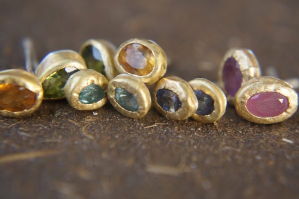 solid 24k gold -Rough blue sapphire Earrings-stud earrings-22k gold earrings- rough blue sapphire earrings- raw sapphire earrings studs