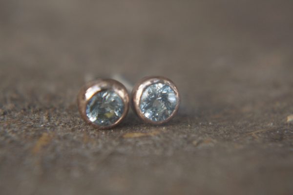 aqua marine- rose gold Earrings Women- Gift for Women-red gold earrings - Wife Girlfriend- 18K- rose Gold- Bezel Earring-  rose gold studs