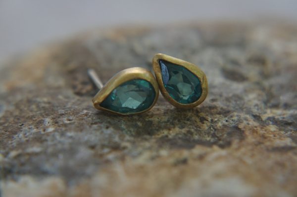 drop earrings-22k gold gold earrings- blue topaz Studs -stud drop earrings- blue topaz earrings -solid gold studs-22k gold drop studs