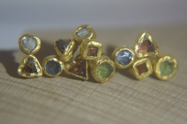 solid 24k gold- raw gem Studs -raw gem stone- Earrings-stud earrings-24k gold earrings-raw gem earrings rough sapphire earrings-