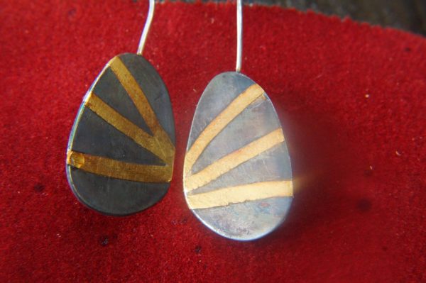 artisan bimetal-gold oxidized silver earrings-24k gold earrngs -gold earrings-one of kind earring-artisan  earring-gold artisan -keum boo