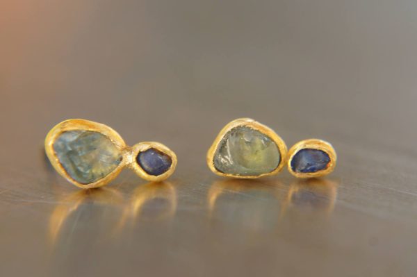 solid 24k gold- raw gem Studs -raw gem stone- Earrings-stud earrings-24k gold earrings-raw gem earrings rough sapphire earrings-