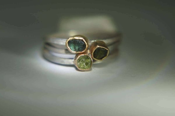 custom made for  karen colbert //two pink sapphire one blue sapphire//22k gold setting on a silver shank-raw stone -alternative engagement