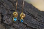 sale solid gold drop earrings//blue topaz Earrings//Gold Dangle & Drop Earrings//blue earrings//24k gold earrings// 24ct earrings with stone