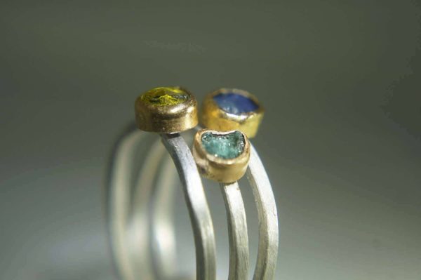 custom made for  karen colbert //two pink sapphire one blue sapphire//22k gold setting on a silver shank-raw stone -alternative engagement