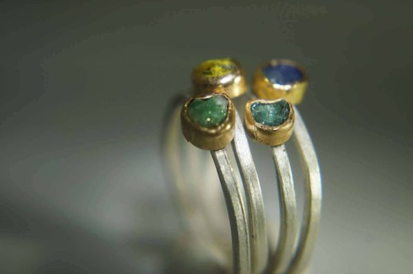 custom made for  karen colbert //two pink sapphire one blue sapphire//22k gold setting on a silver shank-raw stone -alternative engagement
