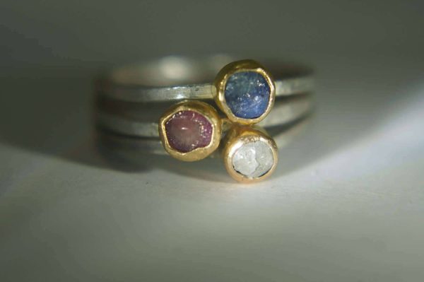 custom made for  karen colbert //two pink sapphire one blue sapphire//22k gold setting on a silver shank-raw stone -alternative engagement