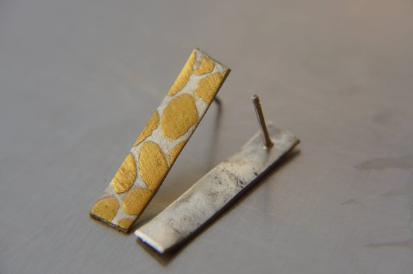 Gold Earrings//long Stud Earrings//Minimalist Silver Gold Earrings//Contemporary Jewelry//mix metal earrings//24k gold and oxidized silver