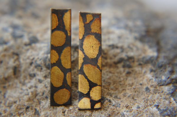 Gold Earrings//long Stud Earrings//Minimalist Silver Gold Earrings//Contemporary Jewelry//mix metal earrings//24k gold and oxidized silver