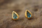solid gold drop earrings-blue topaz Earrings-Gold Studs-stud earrings-22k earrings-solid gold earrings- 22k stud with stone- topaz earrings