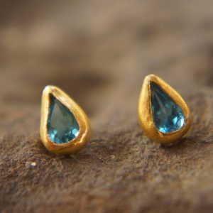 solid gold drop earrings-blue topaz Earrings-Gold Studs-stud earrings-22k earrings-solid gold earrings- 22k stud with stone- topaz earrings
