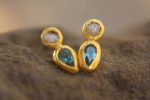 24k solid gold//rough diamond//blue topaz//gold and diamond Earrings//stud earrings//gold earrings//diamond earrings //24k gold earring