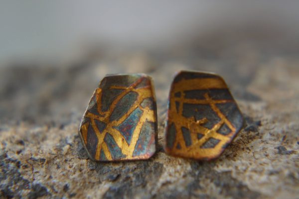 Gold Earrings//long Stud Earrings//Minimalist Silver Gold Earrings//Contemporary Jewelry//mix metal earrings//24k gold and oxidized silver