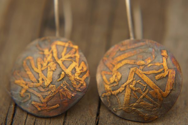 artisan bimetal-gold oxidized silver earrings-24k gold earrngs -gold earrings-one of kind earring-artisan  earring-gold artisan -keum boo