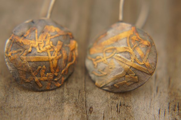 artisan bimetal-gold oxidized silver earrings-24k gold earrngs -gold earrings-one of kind earring-artisan  earring-gold artisan -keum boo