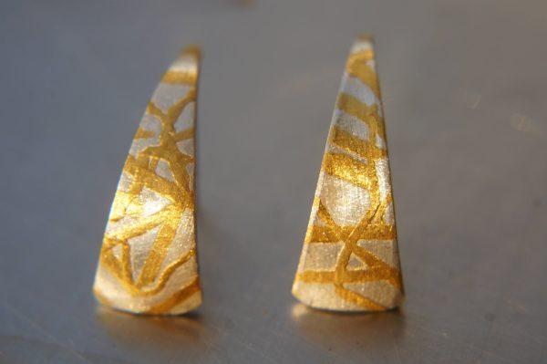 artisan bimetal-gold oxidized silver earrings-24k gold earrngs -gold earrings-one of kind earring-artisan  earring-gold artisan -keum boo