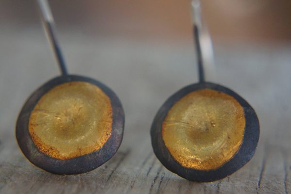 artisan bimetal-gold oxidized silver earrings-24k gold earrngs -gold earrings-one of kind earring-artisan  earring-gold artisan -keum boo