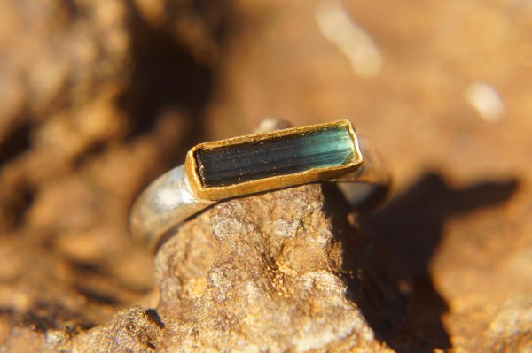 hexagon blue ring/bohemian gold ring//gold ring//solid gold ring//blue tourmaline//silver and gold artisan ring//one of a kind ring
