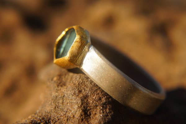 hexagon blue ring/bohemian gold ring//gold ring//solid gold ring//blue tourmaline//silver and gold artisan ring//one of a kind ring