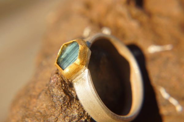hexagon blue ring/bohemian gold ring//gold ring//solid gold ring//blue tourmaline//silver and gold artisan ring//one of a kind ring