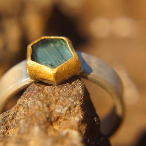 hexagon blue ring/bohemian gold ring//gold ring//solid gold ring//blue tourmaline//silver and gold artisan ring//one of a kind ring