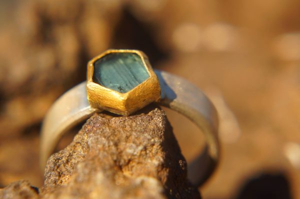 hexagon blue ring/bohemian gold ring//gold ring//solid gold ring//blue tourmaline//silver and gold artisan ring//one of a kind ring