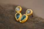 24k solid gold//rough diamond//blue topaz//gold and diamond Earrings//stud earrings//gold earrings//diamond earrings //24k gold earring