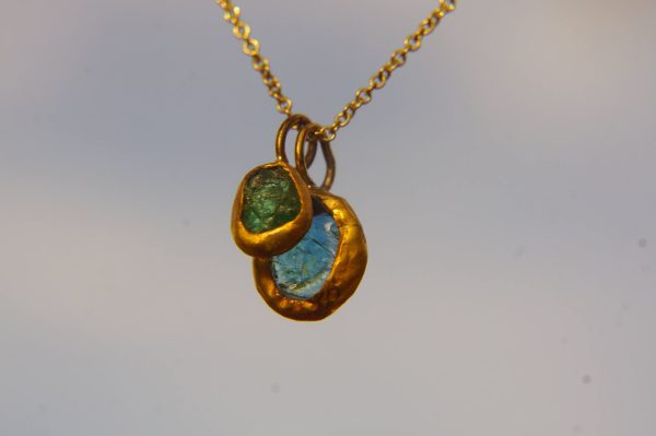 24k gold pendant//flower 24k  gold //gold artisan charm//blue gold pendant//artisan gold pendant//tourmaline pendant charm//24k gold pendant