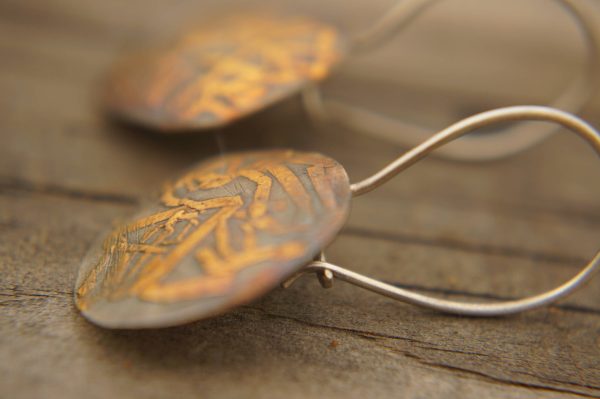 artisan bimetal-gold oxidized silver earrings-24k gold earrngs -gold earrings-one of kind earring-artisan  earring-gold artisan -keum boo