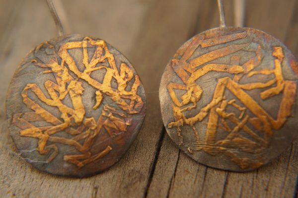 artisan bimetal-gold oxidized silver earrings-24k gold earrngs -gold earrings-one of kind earring-artisan  earring-gold artisan -keum boo