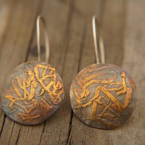artisan bimetal-gold oxidized silver earrings-24k gold earrngs -gold earrings-one of kind earring-artisan  earring-gold artisan -keum boo