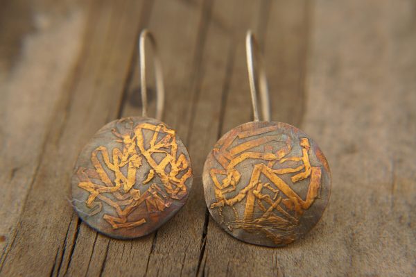 artisan bimetal-gold oxidized silver earrings-24k gold earrngs -gold earrings-one of kind earring-artisan  earring-gold artisan -keum boo