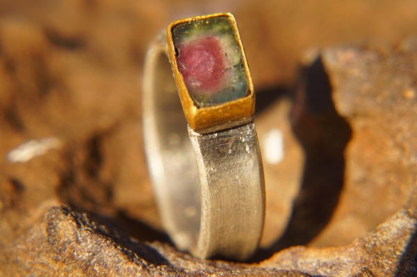 hexagon blue ring/bohemian gold ring//gold ring//solid gold ring//blue tourmaline//silver and gold artisan ring//one of a kind ring