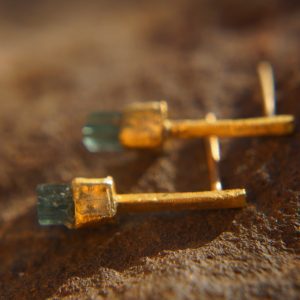 solid 24k gold-blue tourmaline Earrings-Gold Studs//one of a kind-stud earrings//24k gold earrings//blue stone earrings//24k stud with stone