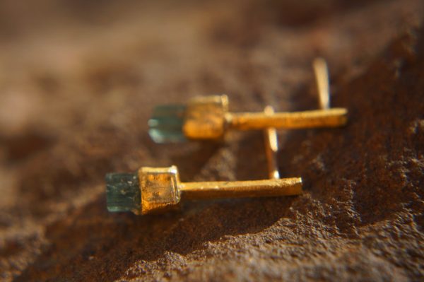 solid 24k gold-blue tourmaline Earrings-Gold Studs//one of a kind-stud earrings//24k gold earrings//blue stone earrings//24k stud with stone