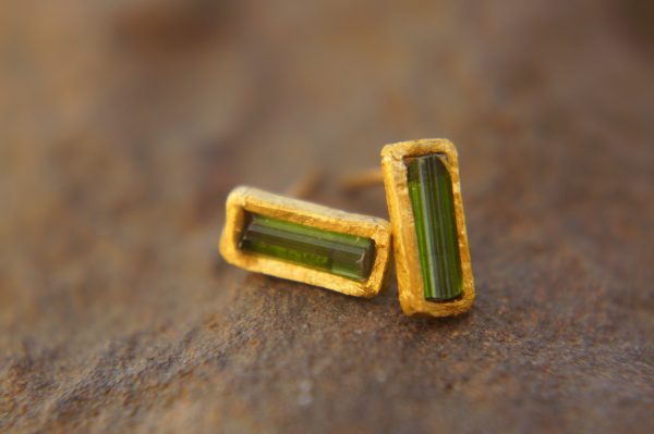 solid 24k gold-blue tourmaline Earrings-Gold Studs//one of a kind-stud earrings//24k gold earrings//blue stone earrings//24k stud with stone