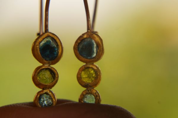 solid gold dangle earrings//blue green gem Earrings//24k Gold Dangle & Drop Earrings//spring color earrings//24k gold earrings//24k gold