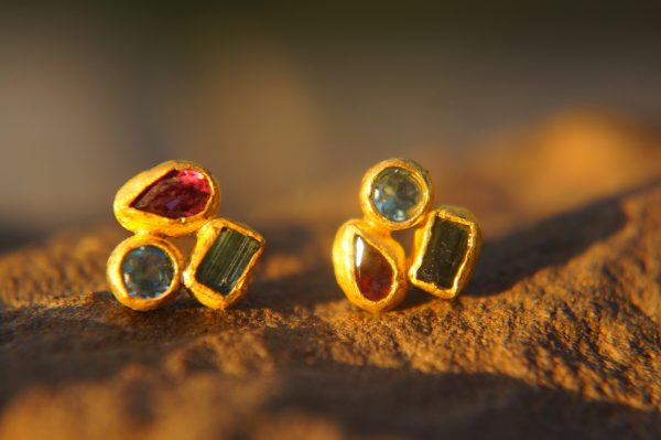 24k solid gold//tourmaline topaz rhodolite//24k gold studs//24k gold earrings//gold gem earrings //24k gold jewelry//one of a kind jewelry