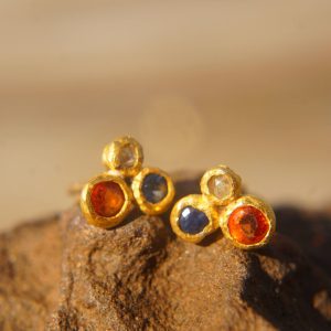 24k solid gold//orange sapphire & diamonds//diamond sapphire Earrings//stud earrings//gold earrings//sapphire earrings //24k gold earring